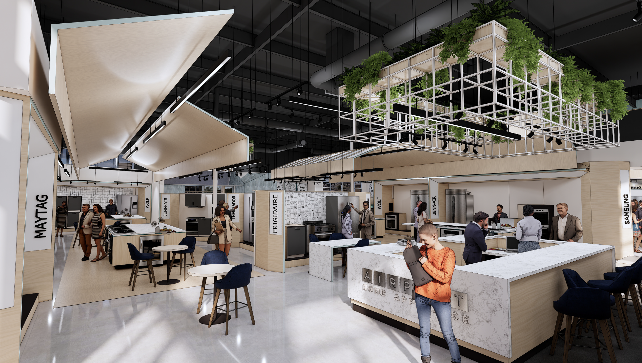 Interior of a modern appliance store showcasing various kitchen appliances, with customers and store staff interacting, and display signs for brands like Maytag, Wolf, Frigidaire, Jenn-Air, and Samsung.