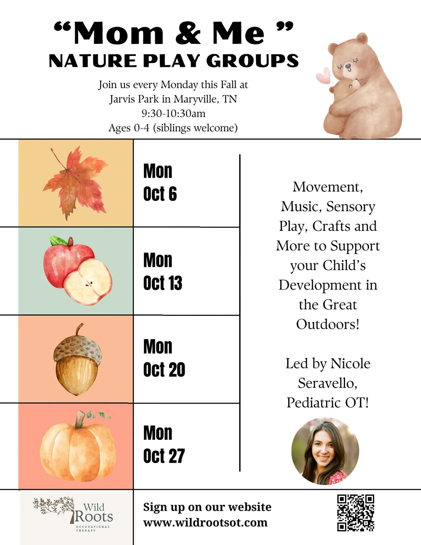 Maryville Moms of littles 0-4! 
🍁Fall &ldquo;Mom &amp; Me&rdquo; nature play groups start up this October! 

As the leaves begin to change and the morning air feels crisp and cool, we are getting more excited to share every Monday morning together! 