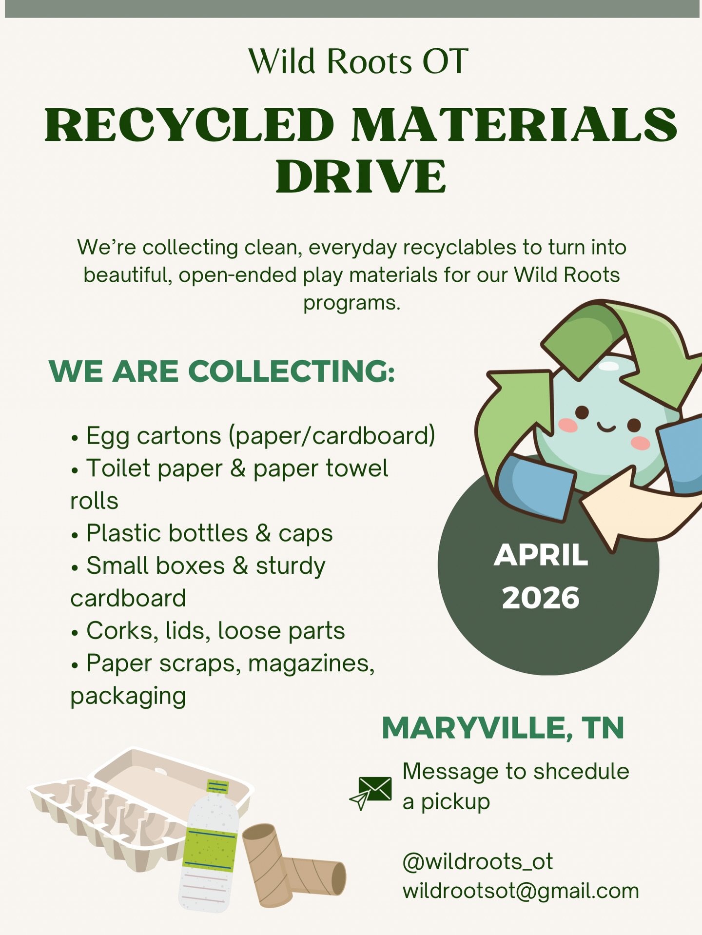 Maryville Families! Will you save your recycling for us?? ♻️
&bull;Egg Cartons
&bull;Toilet Paper\Paper Towel Rolls
&bull;Corks
&bull;Can Tabs
&bull;Plastic Water Bottles &amp; Caps
&bull;Etc. 

Each donation equals an entry into our raffle for 2 fre