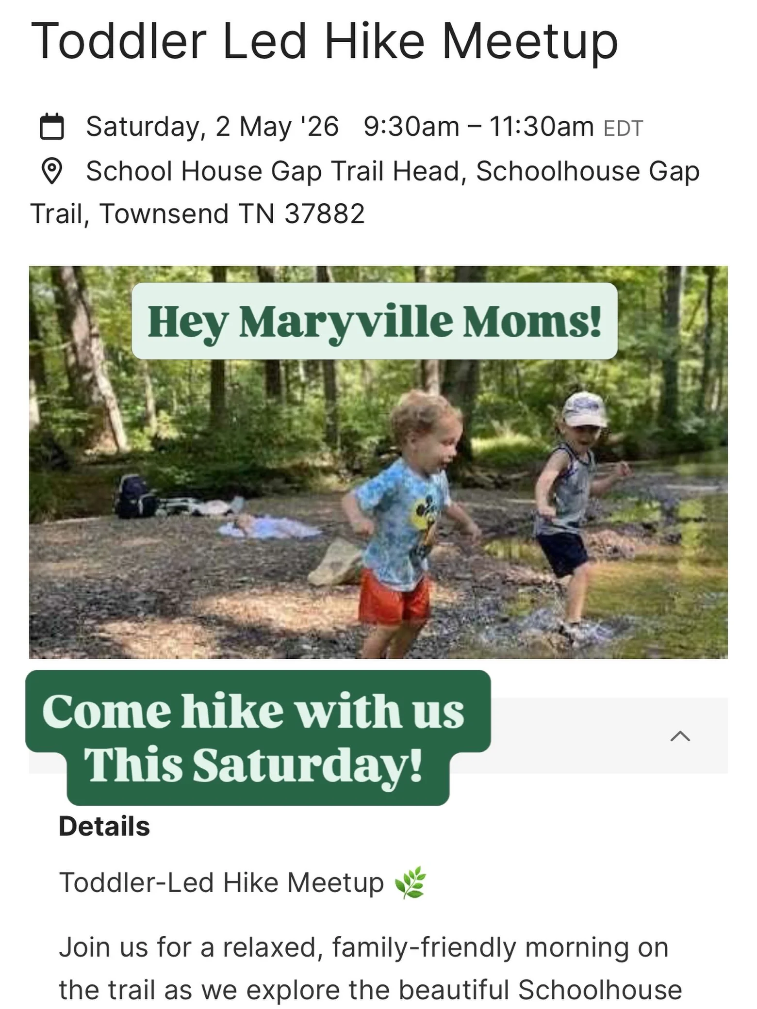 FREE Toddler-Led Hike Meetup 🌿

Link to RSVP in bio! 

Join us for a relaxed, family-friendly morning on the trail as we explore the beautiful Schoolhouse Gap Trail

This free meetup is designed for families with young children who are ready (or hop