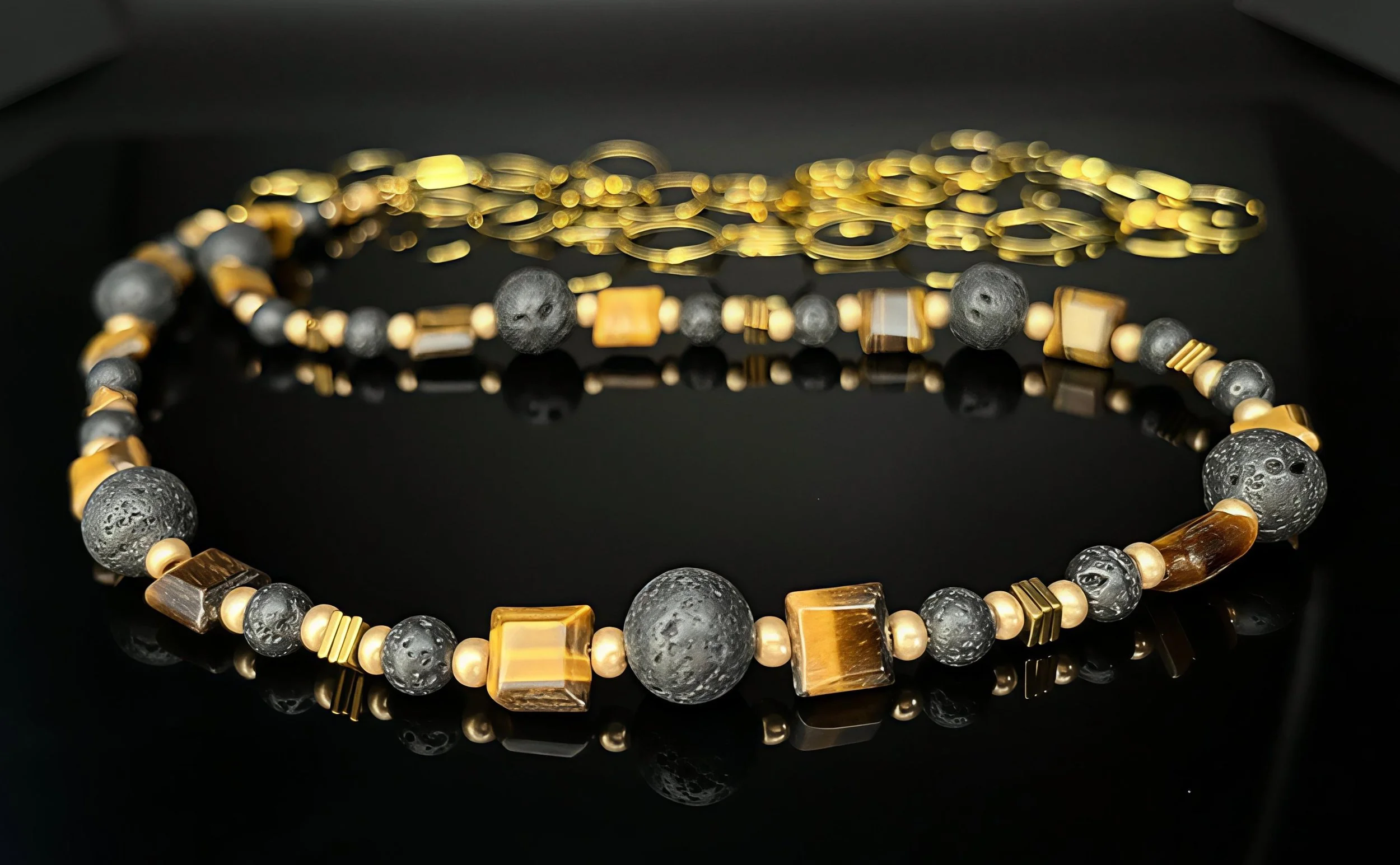 A collection of jewelry including necklaces with rose gold, black, and pearl-colored beads, and gold and glass embellishments, arranged on a black reflective surface.