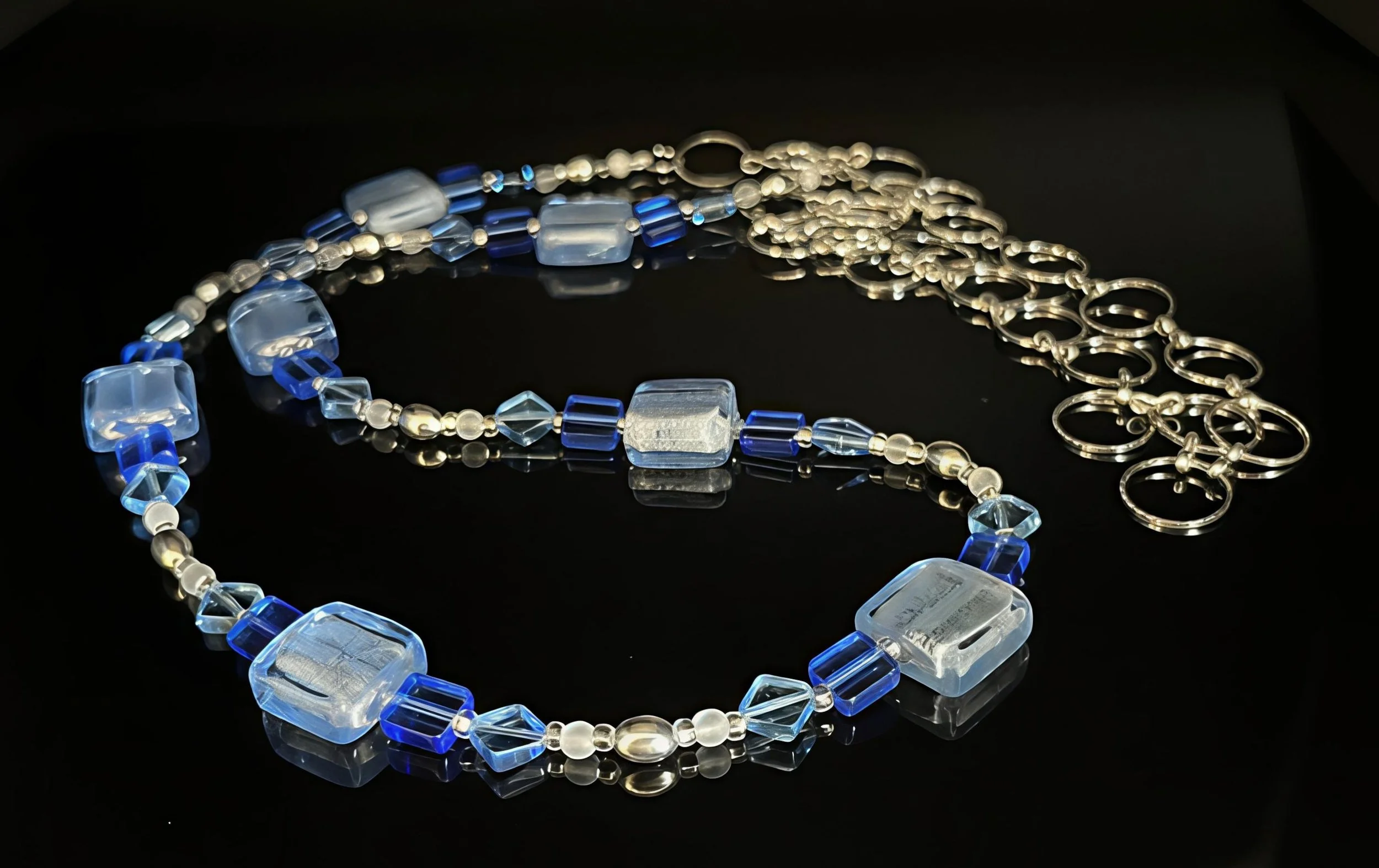 A black jewelry box contains two pearl necklaces and a gold chain link bracelet, all with reflective surfaces.