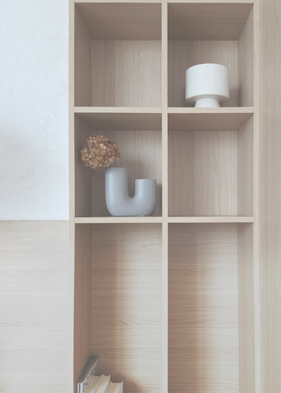 timber shelving with decoration