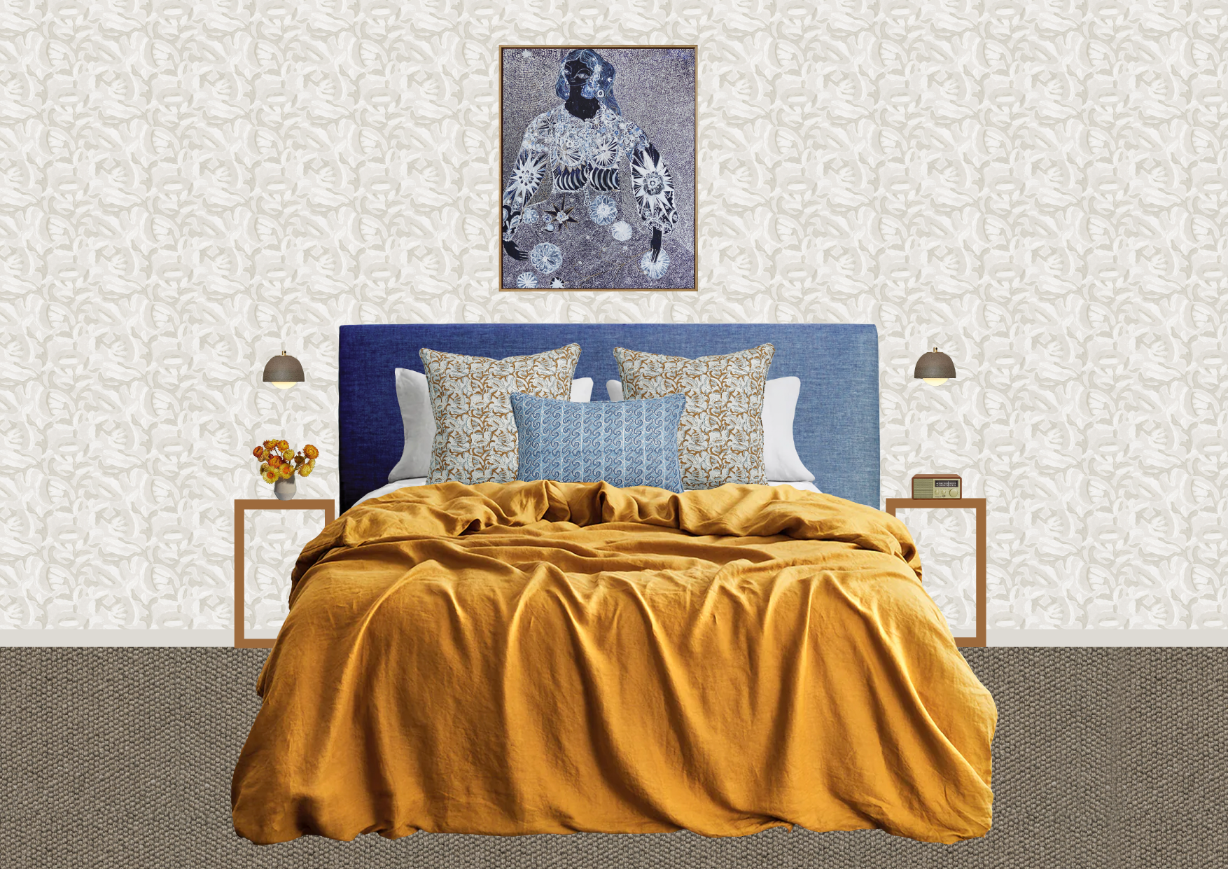 Guest bedroom interior design concept with upholstered bed, layered cushions, textured wallpaper and warm ochre linen bedding