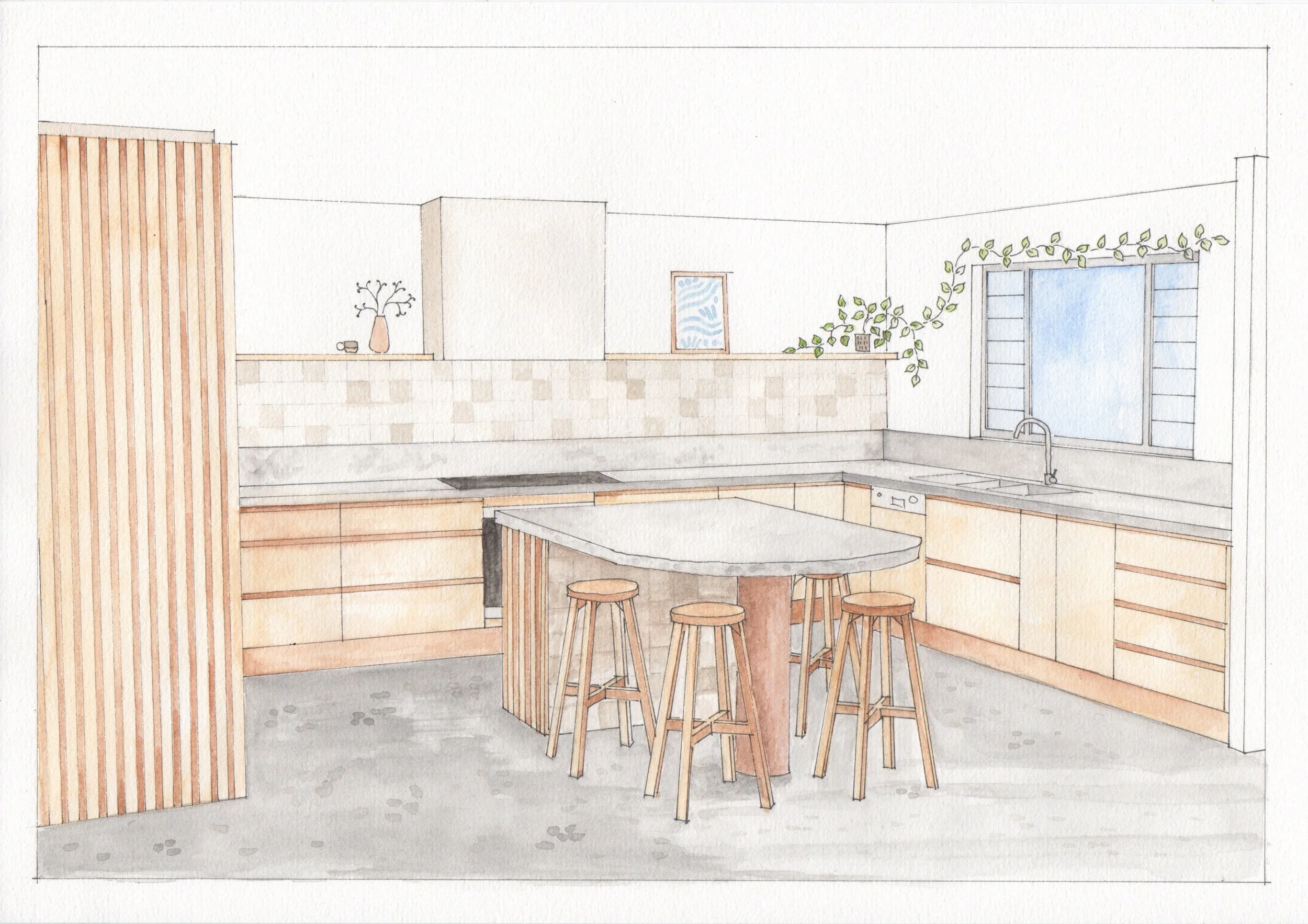 Hand-painted watercolour kitchen concept showing timber joinery, terrazzo surfaces, island seating and a light, natural palette