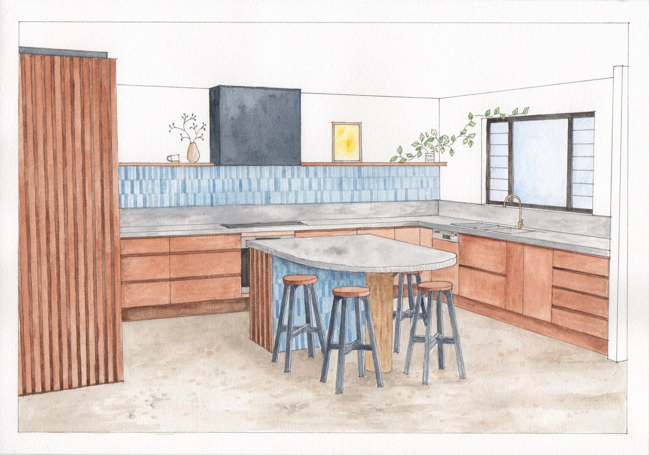 Hand-painted watercolour kitchen concept with timber cabinetry, blue tile splashback, island bench and layered natural materials