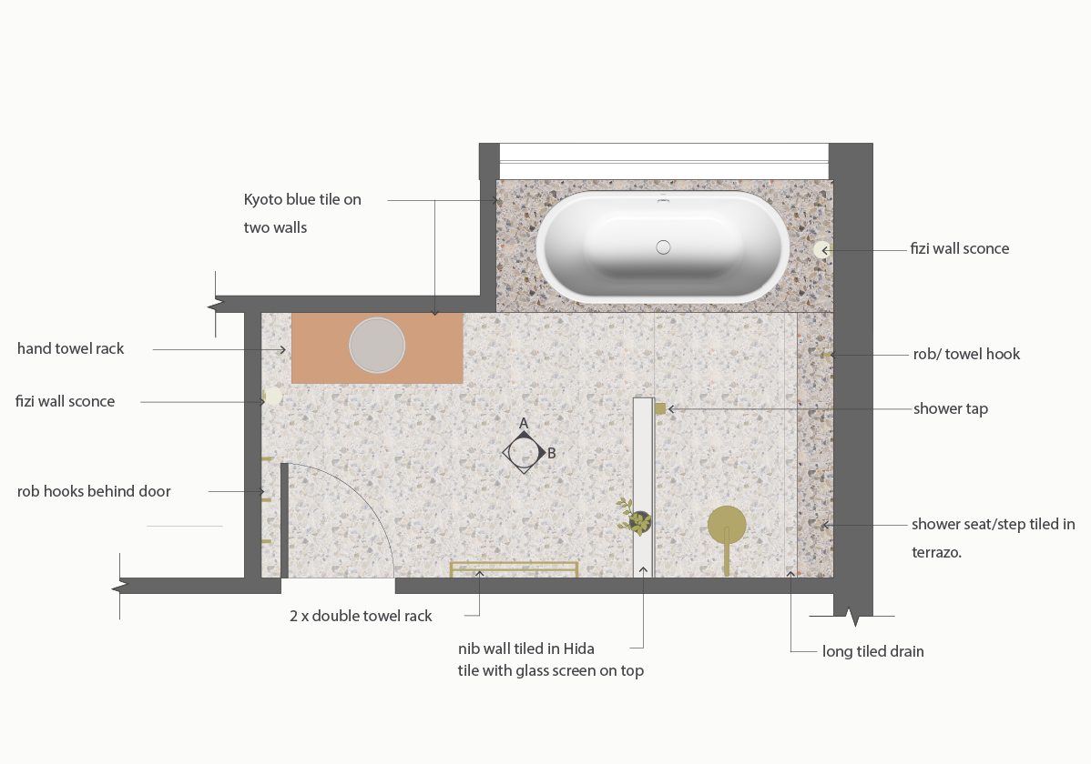 Bathroom layout study showing fixture placement and circulation