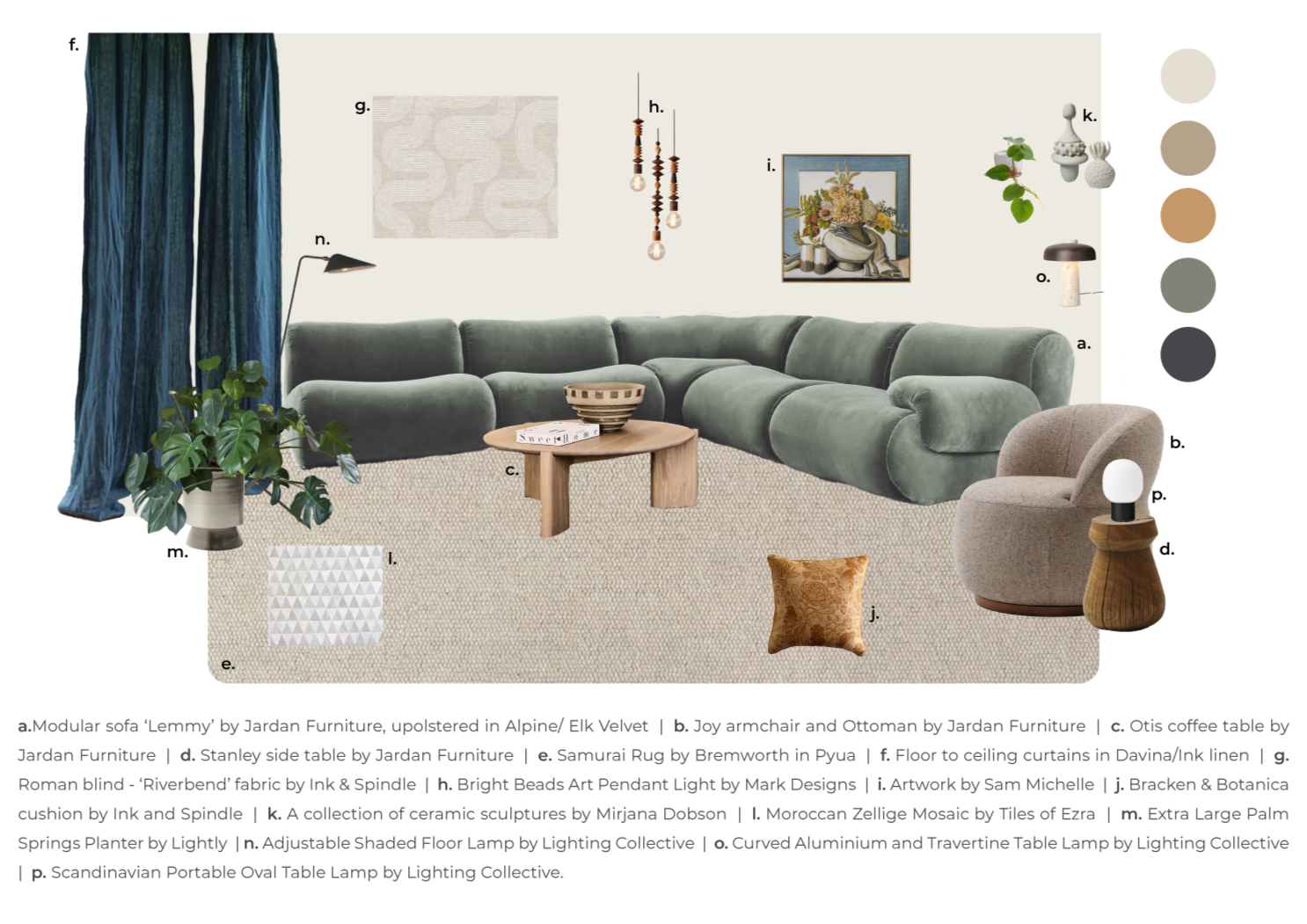 Living room furniture and finishes scheme for Seacourt — Jardan modular sofa upholstered in green velvet, Bremworth wool rug, indigo linen curtains, and bronze pendant lighting by Mark Designs.