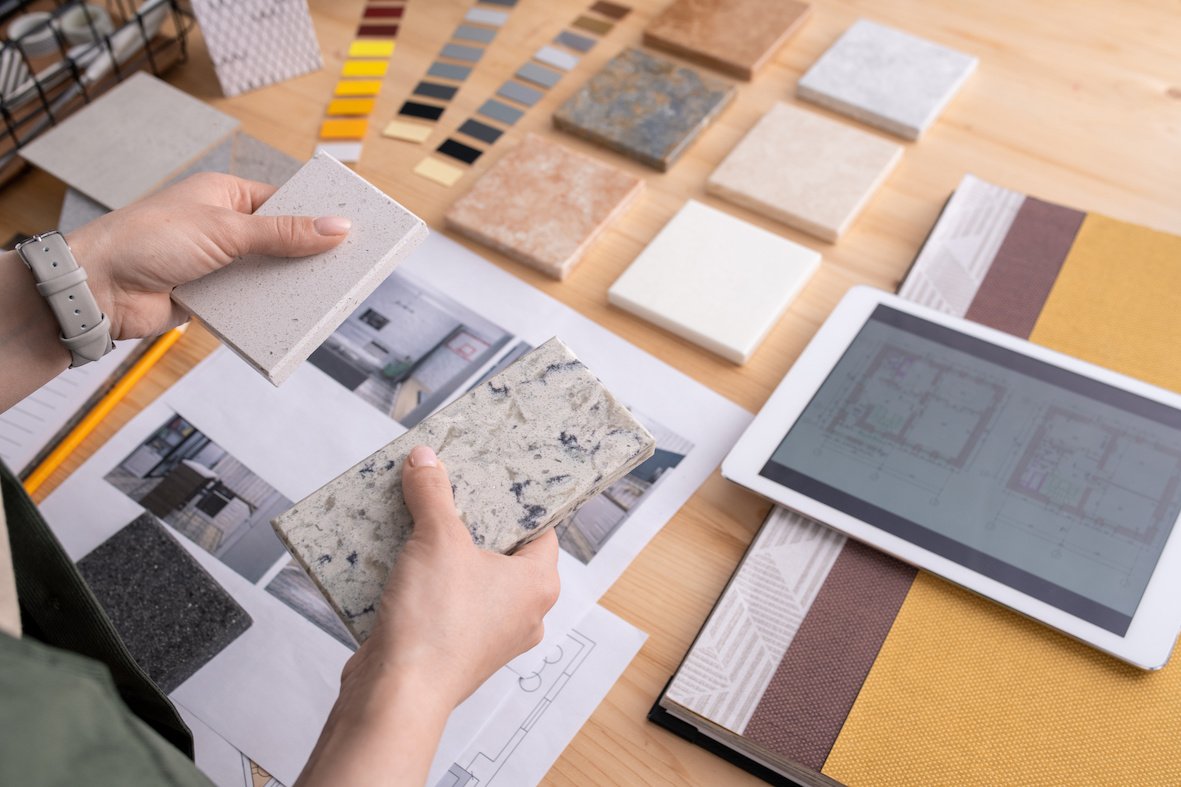 Interior design material selection and planning process.