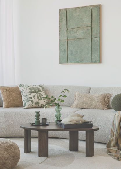Residential living room with calm, neutral interior styling