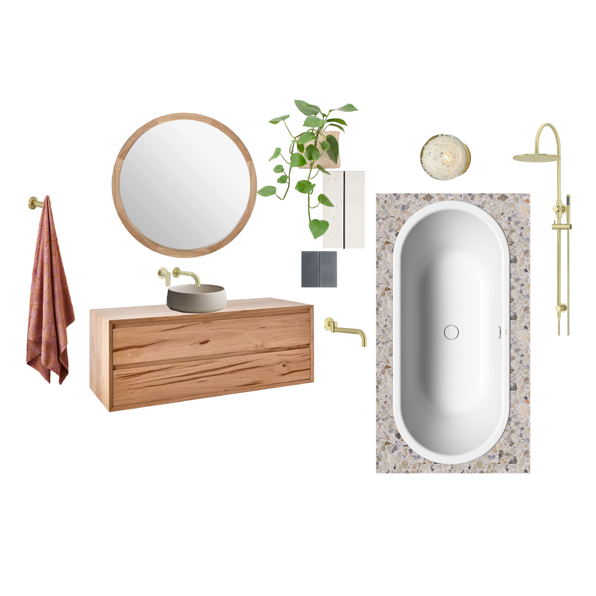 Bathroom concept with timber vanity, round mirror, freestanding bath and brass fittings
