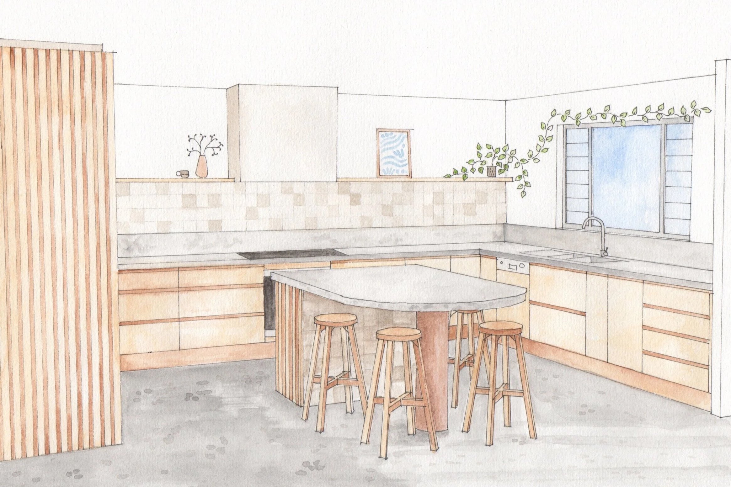 Concept kitchen illustration for residential interior design.
