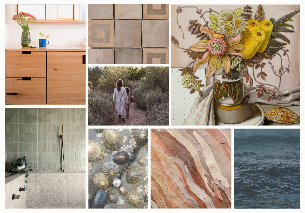 Calm bathroom material palette inspired by coastal surroundings