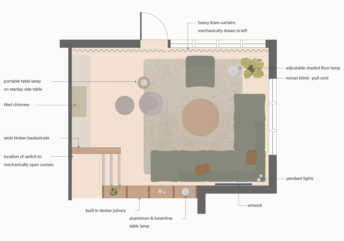 Living room floor plan showing furniture layout and circulation