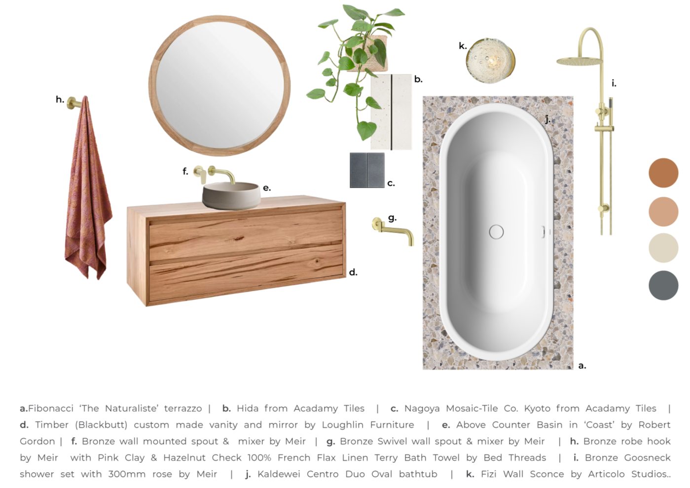 Bathroom finishes and fixtures specification for Seacourt — Fibonacci terrazzo, custom Blackbutt timber vanity, bronze Meir tapware, Kaldewei bathtub, and Acadamy Tiles mosaic detail.