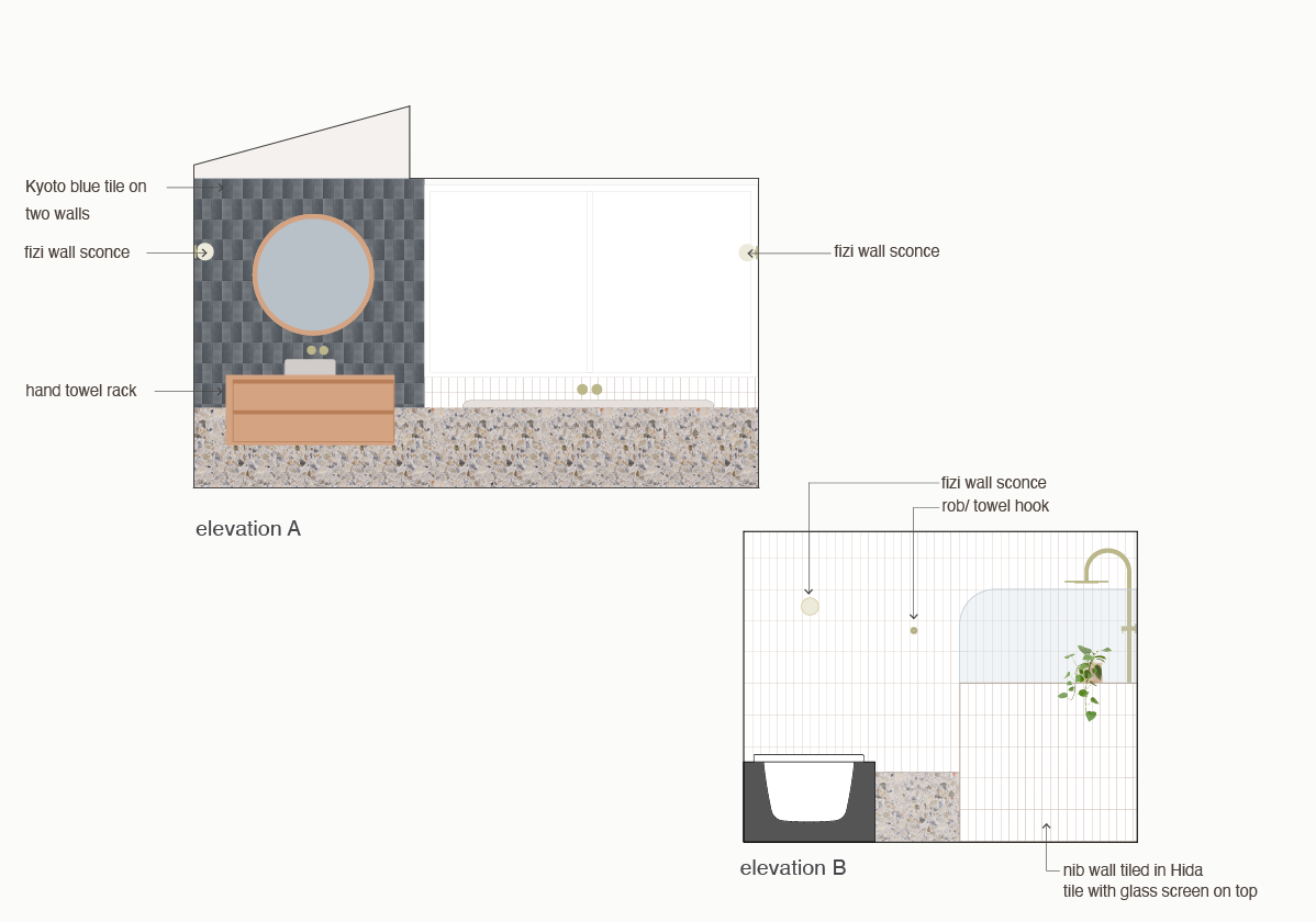 Bathroom internal elevations for Seacourt — Newcastle home renovation. Drawings developed to test material junctions, vertical proportions and fixture alignment within the space.