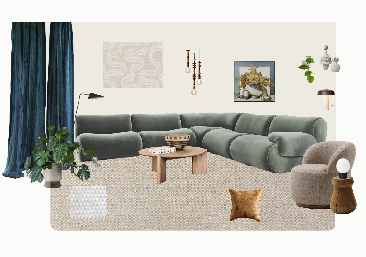 Calm living room with layered furniture and natural materials selected by an interior designer