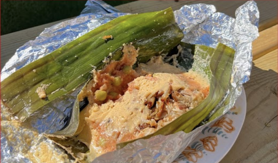 Image of a tamale wrapped in a corn husk with sauce and veggies sitting on a picnic table