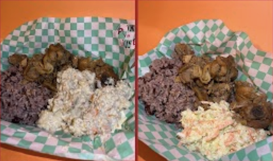A side by side photo of the meal combo options at pink house. They have meat, veggies and potato salad all in a basked with teal and white checked paper