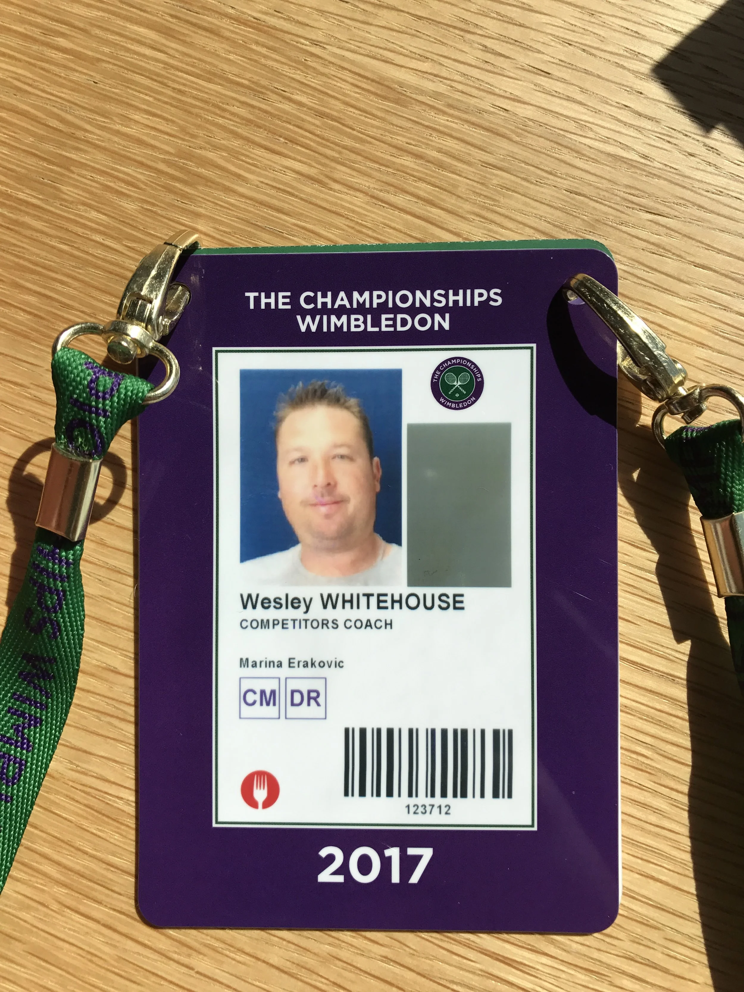 Wimbledon 2017 coach's ID badge with lanyard, featuring a photo and tournament details of Wesley Whitehouse.