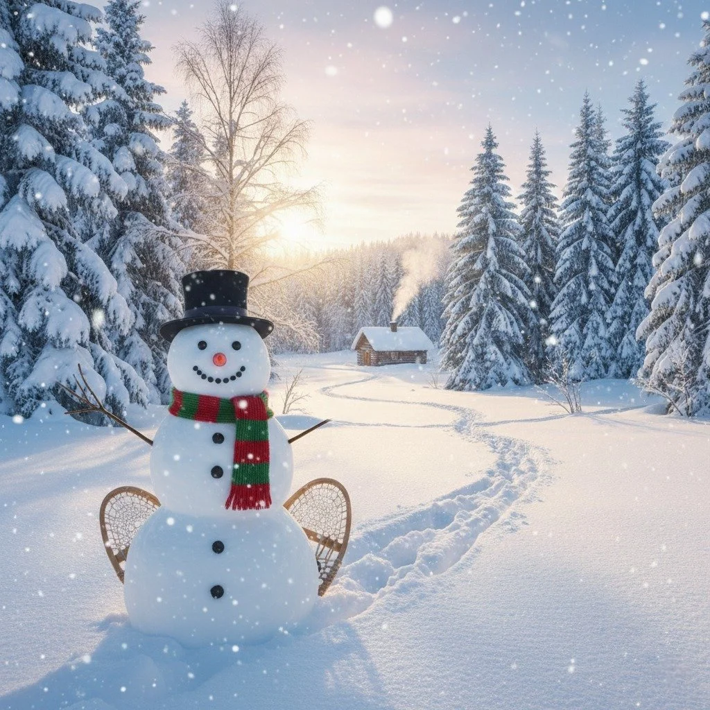 A snowman with a black top hat, red and green scarf, carrot nose, black eyes and button mouth, sitting in a snowy landscape with snow-covered trees and a small house in the background, during a snowy sunrise or sunset.
