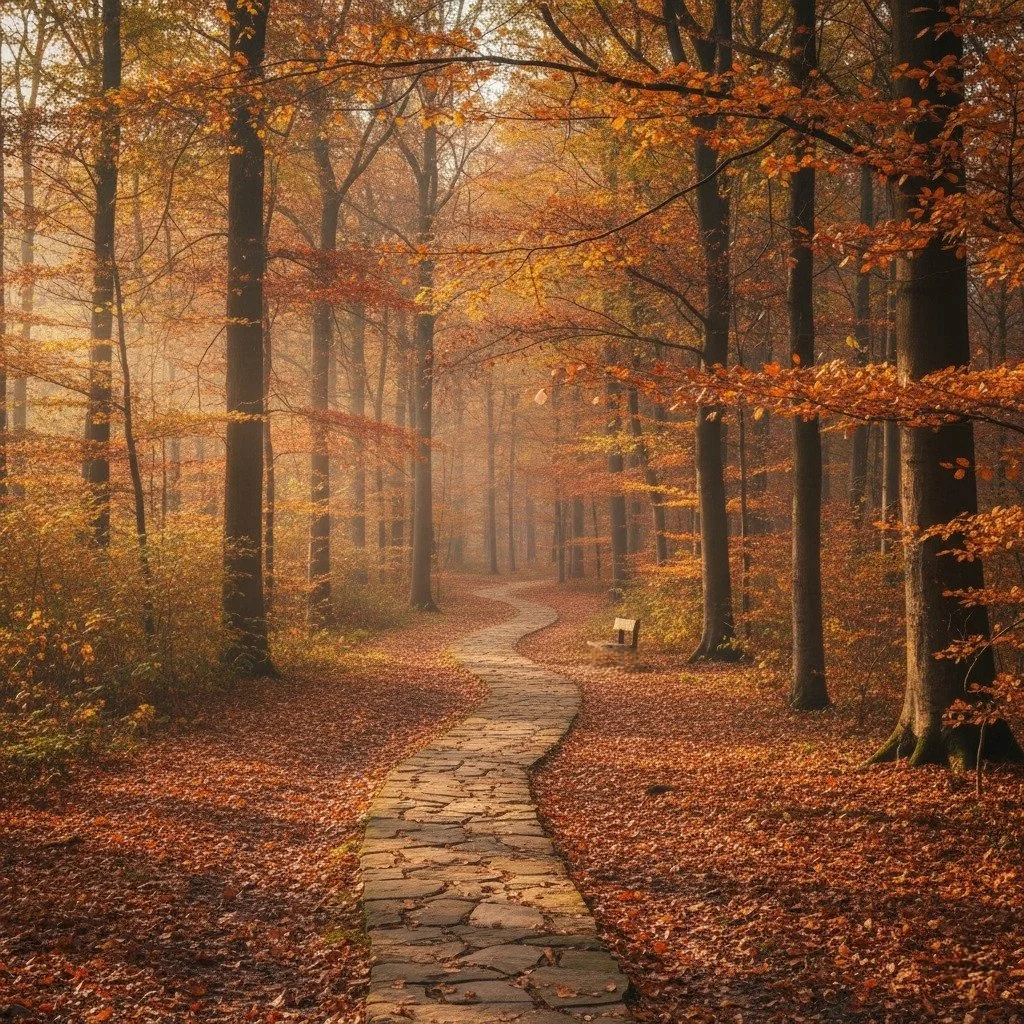 A winding stone pathway through an autumn forest with colorful fall leaves and a bench along the path, bathed in warm sunlight.