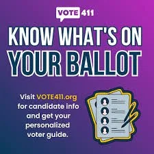Purple background advertisement encouraging voters to know what's on their ballot, with a checklist graphic and a website link for voter guide.