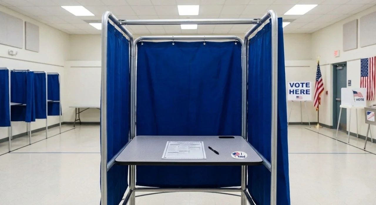 View of a voting area with individual booths with blue curtains, a large blue banner on the wall reading 'Your Voice Matters - Vote!', and a clear ballot box labeled 'VOTE' in the foreground.