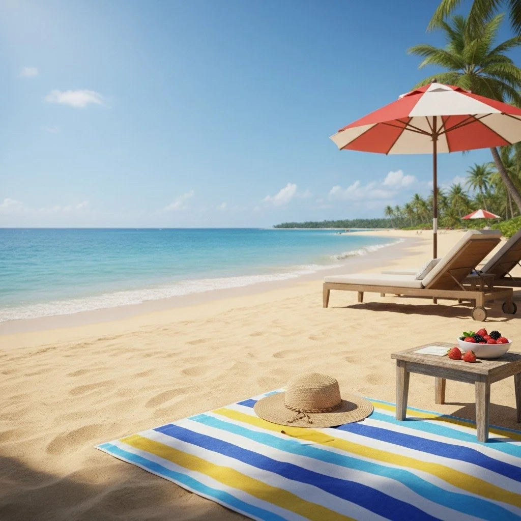 A tropical beach with a sandy shore, blue ocean, and clear sky. There are palm trees, a striped beach towel with a sun hat, a small table with a bowl of berries, and lounge chairs under a large red-and-white beach umbrella.