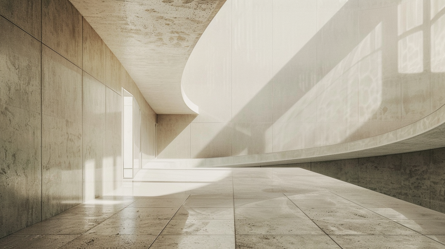 Modern minimalist interior with stone flooring and walls, curved white railing, and sunlight casting shadows through large windows.