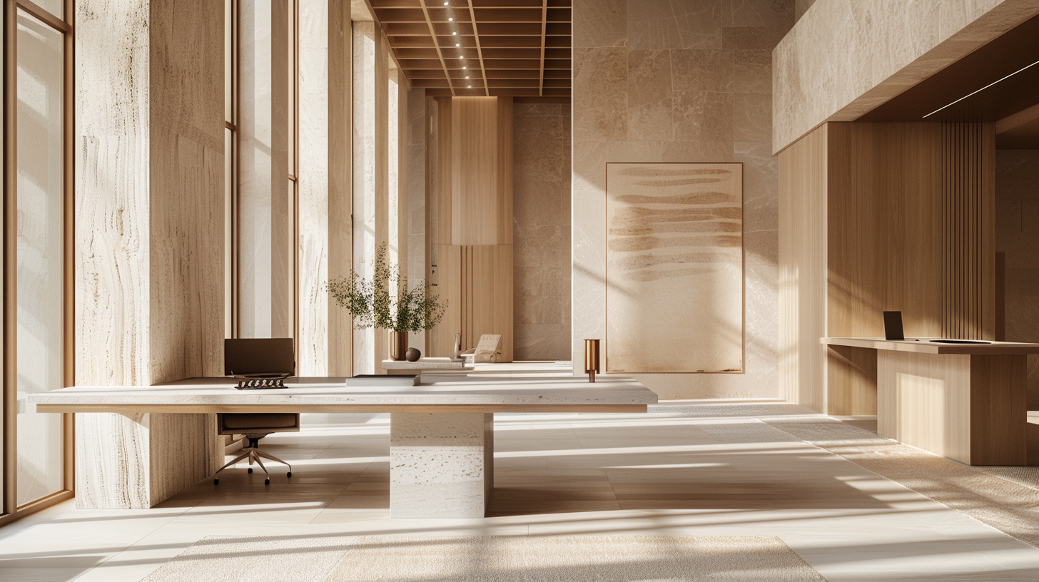 Modern, minimalist office space with natural light, wooden accents, and neutral tones, featuring a desk with a computer, chairs, and decorative art on the wall.