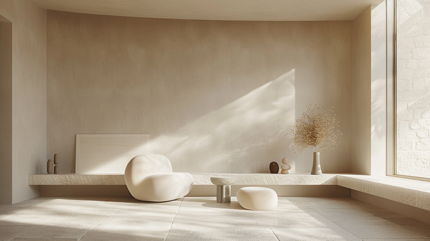 Minimalist interior with natural light, featuring smooth white and beige furniture and decorative vases, with sunlight casting patterns on the wall.