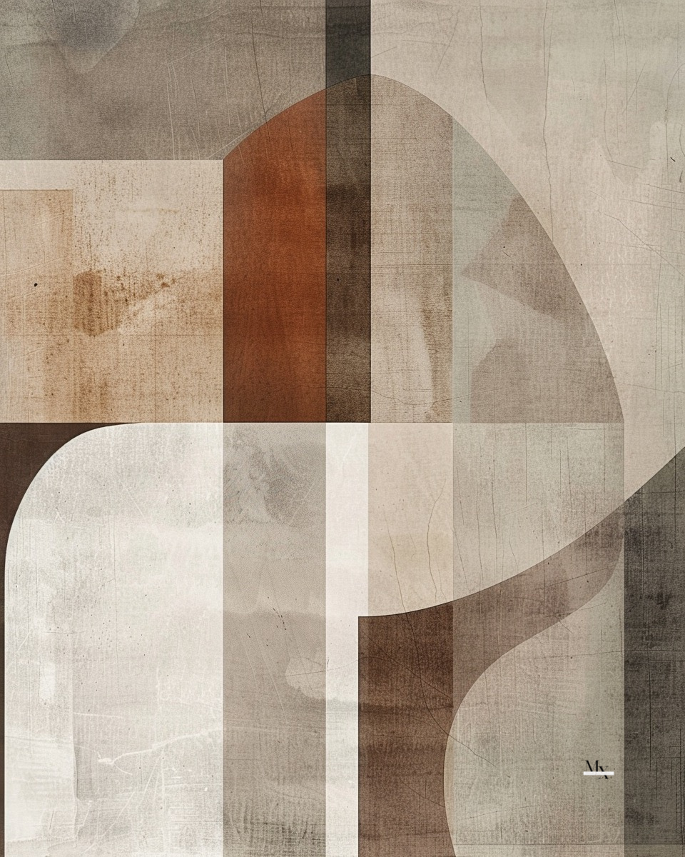 Abstract geometric artwork with various shades of brown, beige, and cream, featuring curved and rectangular shapes. Abstract visual system exploring strategic brand direction
