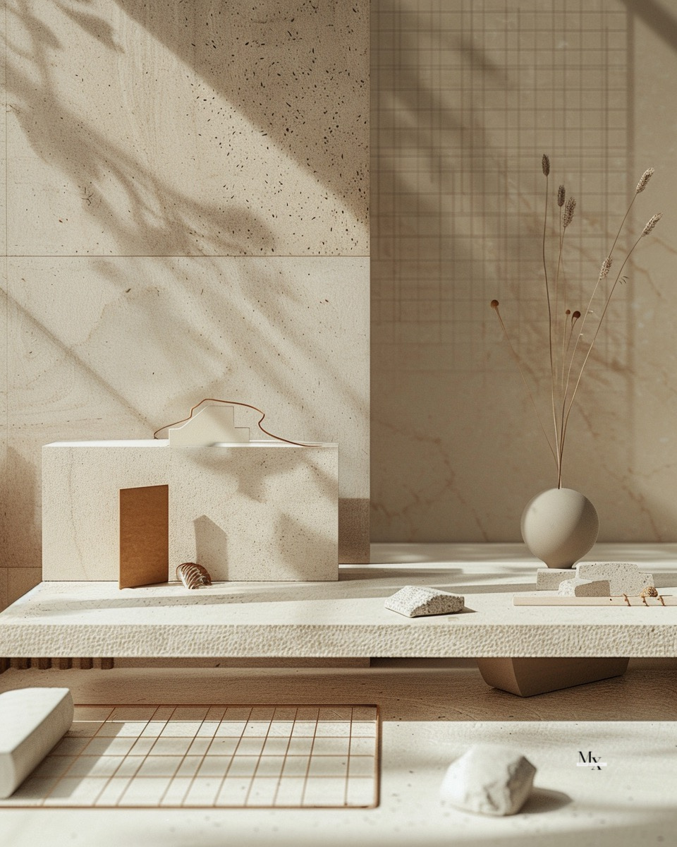 Minimalist indoor scene with a beige textured wall. Abstract visual system exploring strategic brand direction