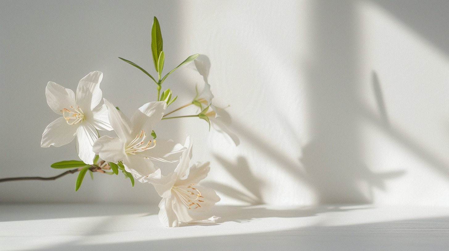 White flowers with green leaves casting a shadow on a white surface and background.