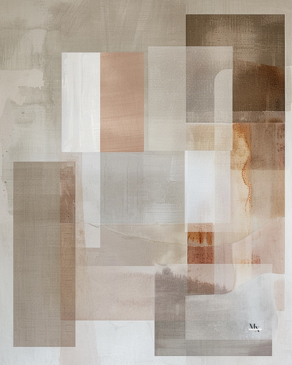 Abstract artwork with overlapping rectangles and squares in shades of beige, brown, grey, and white, with subtle textures and a small signature in the bottom right corner. Abstract visual system exploring strategic brand direction