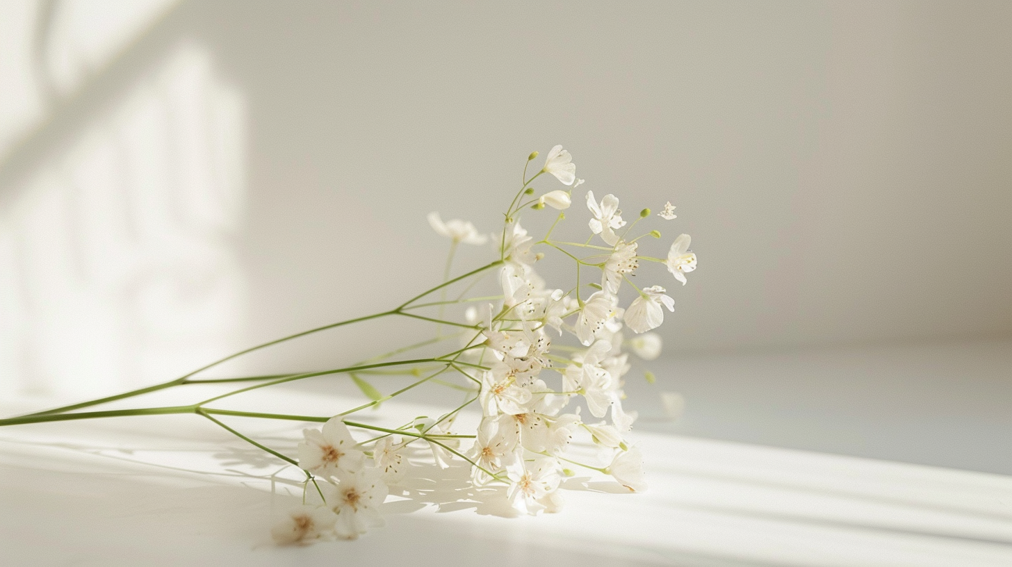 White flowers with green stems on a white surface, with soft natural light.