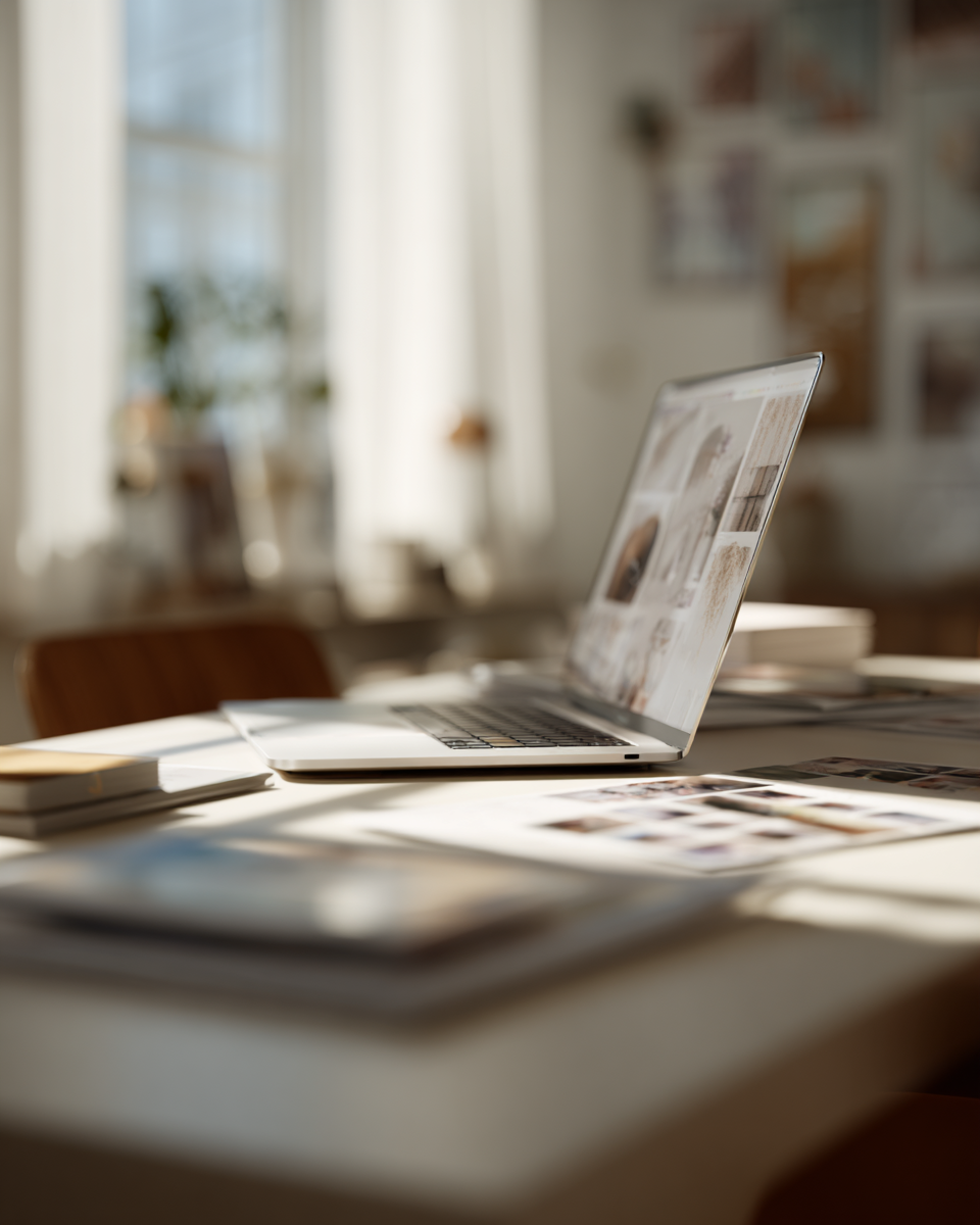 A laptop open on a desk with papers and notebooks, in a bright room with sunlight streaming through windows.