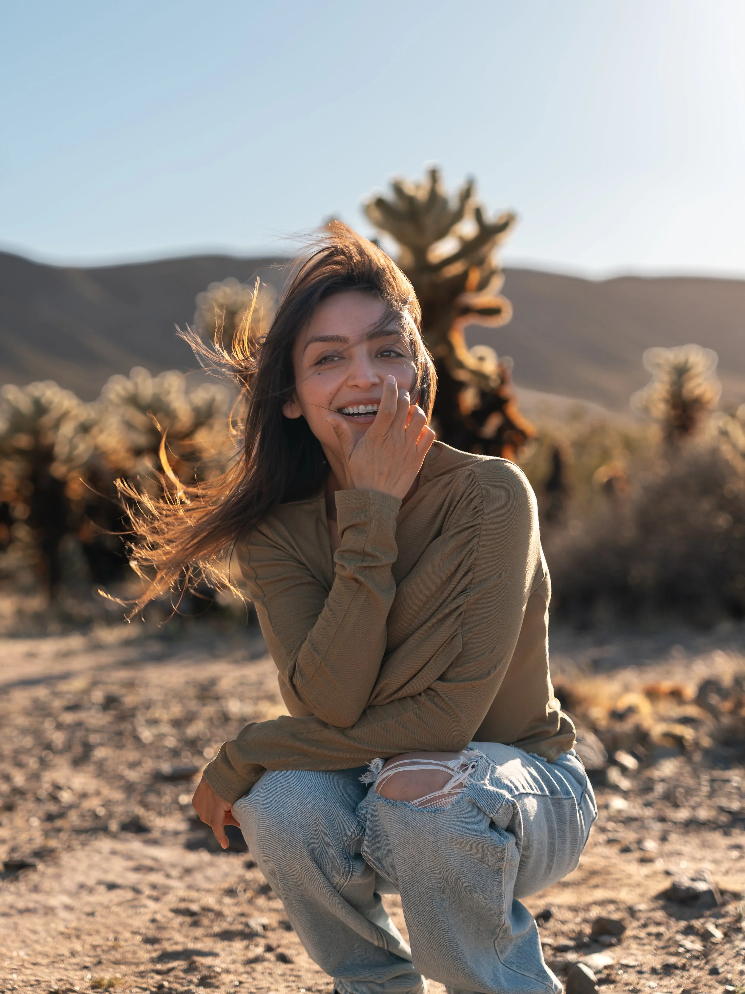 Portrait, golden hour, cholla cactus garden, Joshua Tree, Southern California, Desert, lifestyle