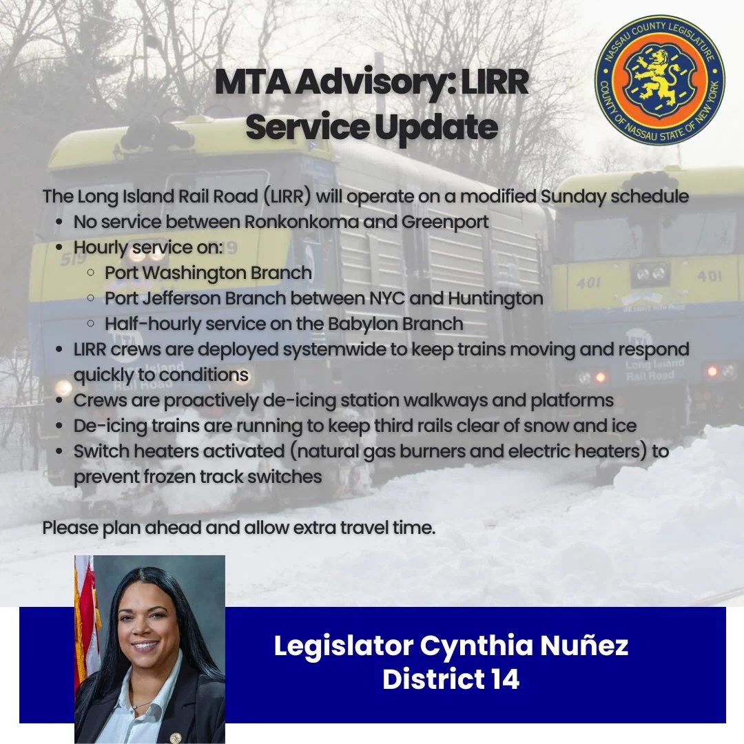 MTA Advisory: The LIRR is operating on a modified Sunday schedule due to weather conditions. Please plan ahead, allow extra travel time, and stay safe while commuting.