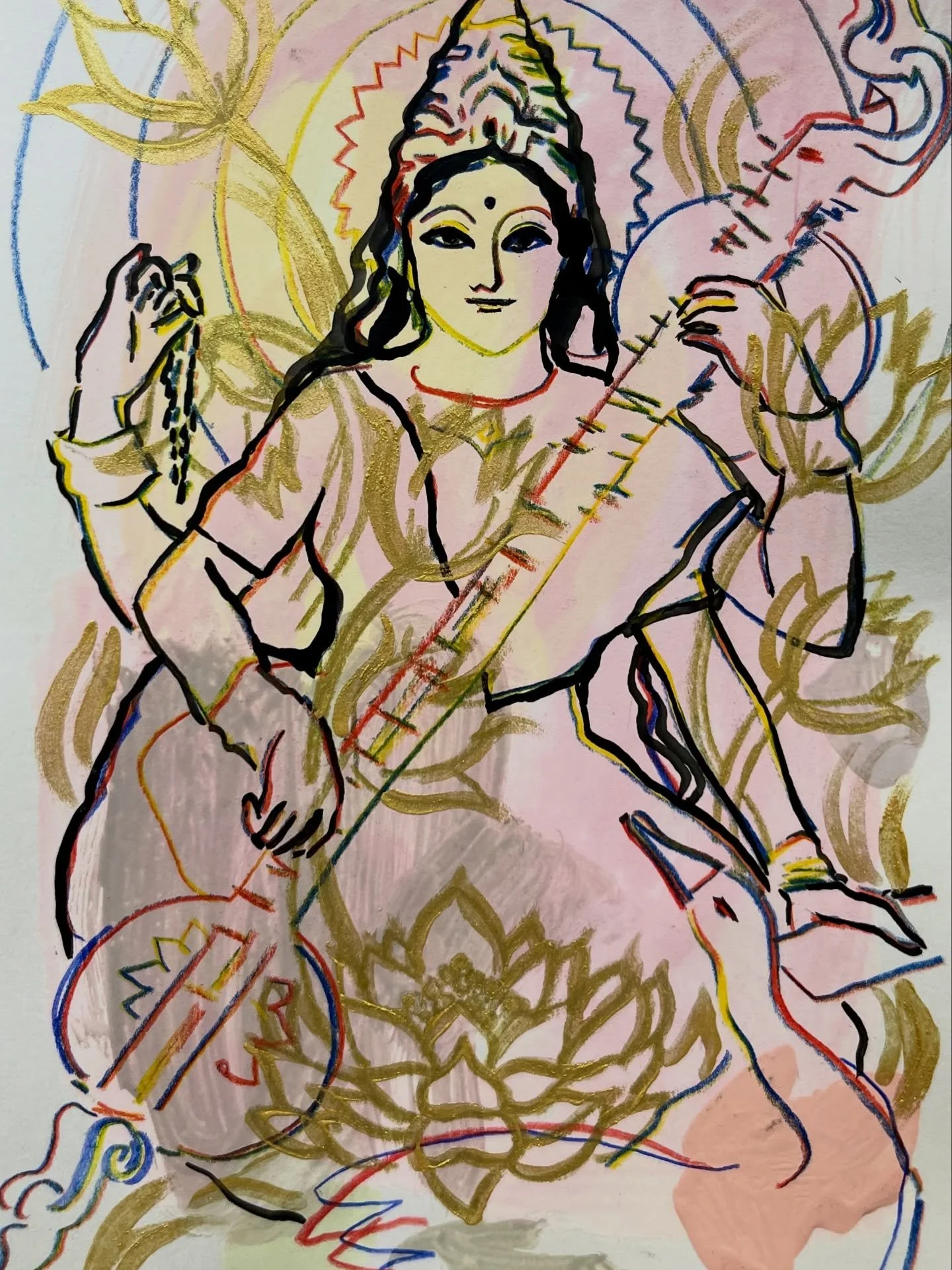 Today we celebrate Saraswati, goddess of wisdom, knowledge, and the Arts. She represents the free flow of consciousness, creativity, and mental purity. I learned about her story during my trip to India two years ago. Today I offer this drawing as one