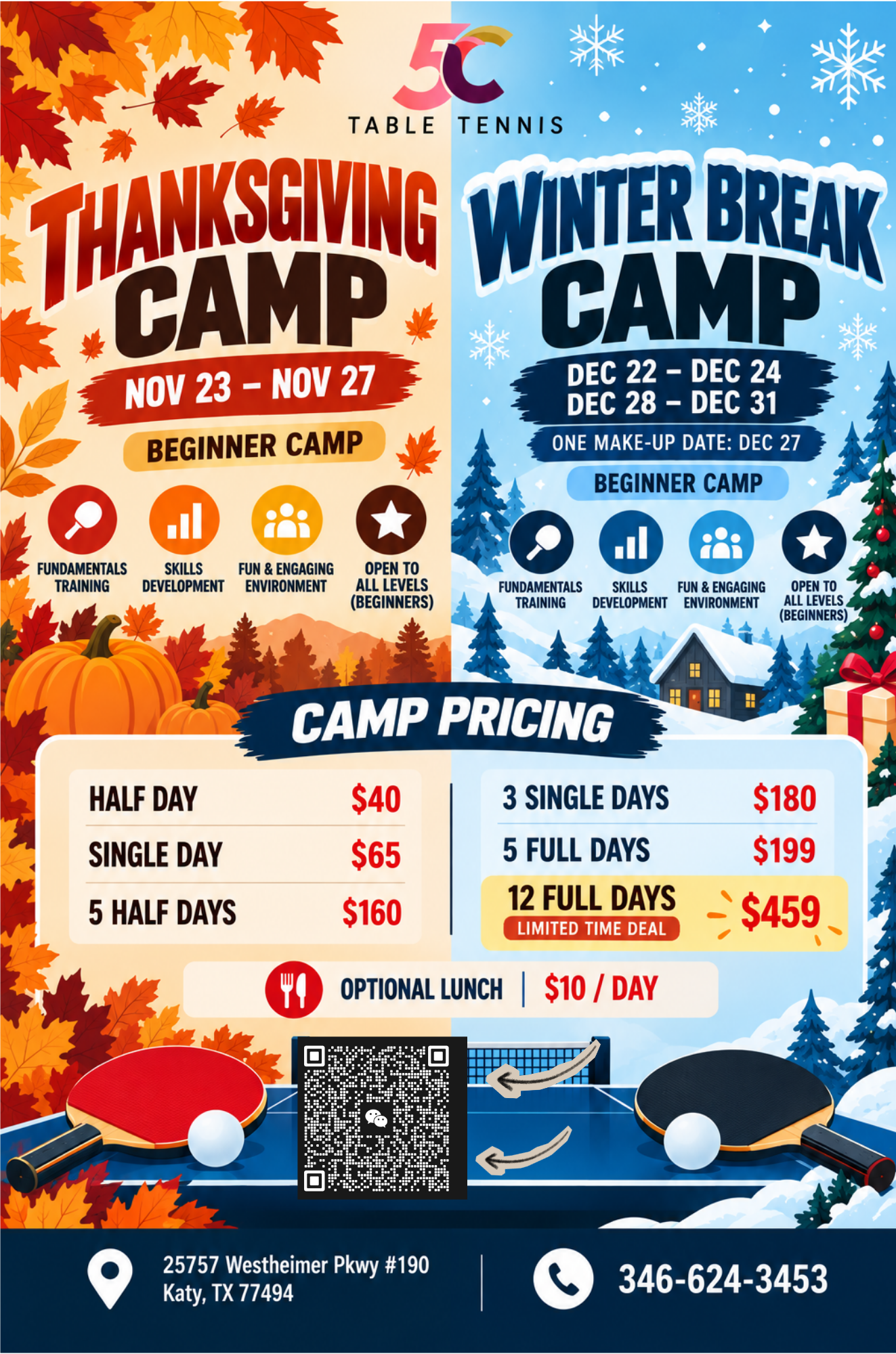 Poster advertising two camp programs: Thanksgiving Camp from November 23 to November 27 for beginners with activities like fundamental training, skills development, fun environment, and open to all levels; and Winter Break Camp with dates December 22 to December 24 and December 28 to December 31 for beginners, with similar activities. Both camps have different pricing options and include optional lunch. The poster features autumn leaves and pumpkins for the Thanksgiving camp and snowflakes and a winter house for the Winter Break camp, with contact info at the bottom.