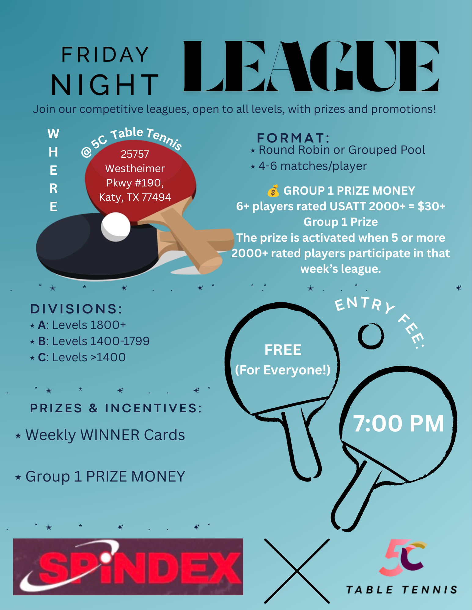Flyer for a Friday night league with table tennis and indoor tennis, scheduled for 7:00 PM, including details about the format, prizes, and divisions based on skill levels, featuring a graphic of a table tennis paddle and ball.