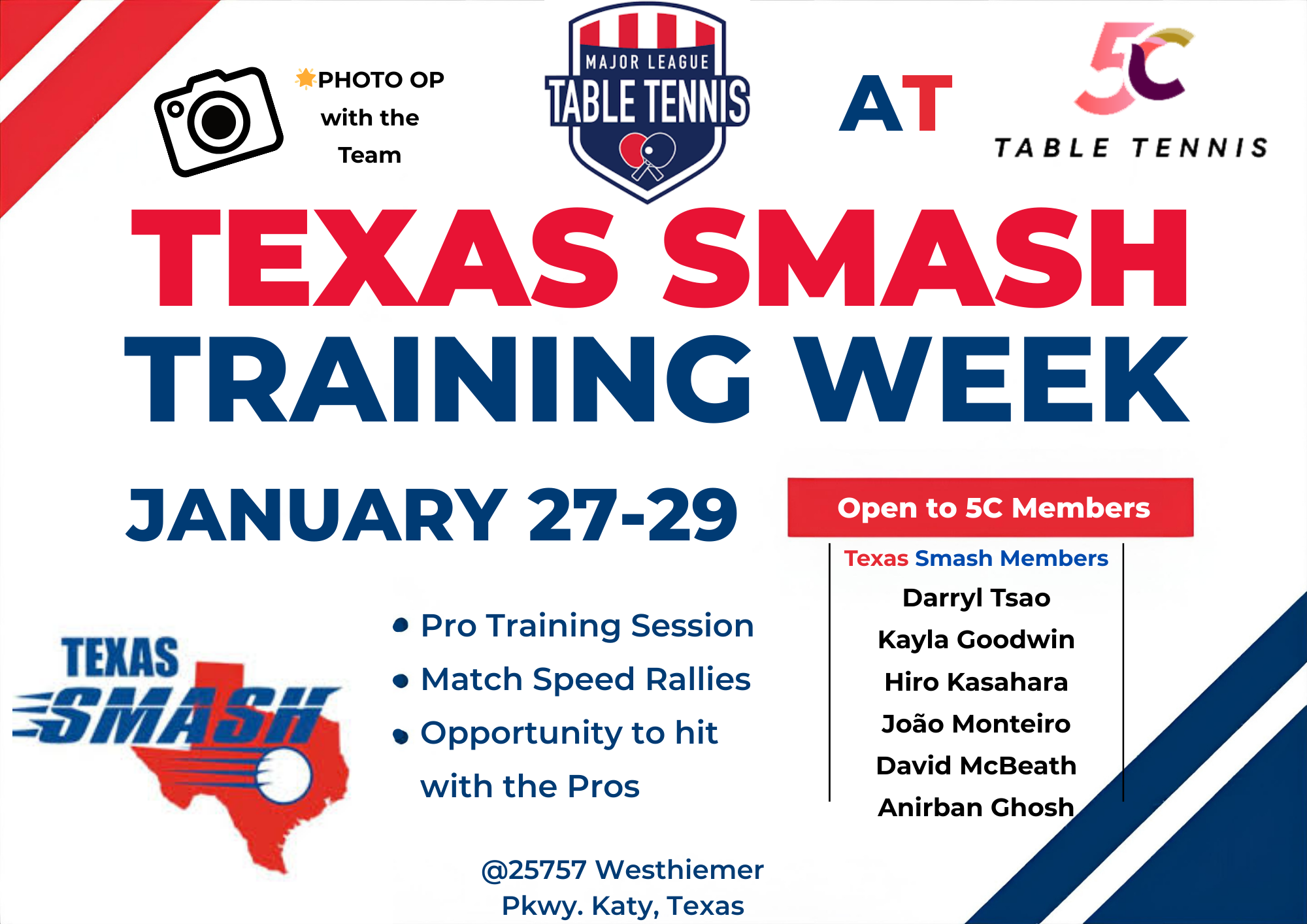 A promotional poster for Texas Smash Training Week, scheduled for January 27-29, featuring pro training sessions, match speed rallies, and opportunities to hit with professionals, taking place at 25757 Westheimer Parkway, Katy, Texas. The poster includes logos for Major League Table Tennis, Texas Smash, and 50th anniversary branding, along with a list of Texas smash members who are open to 5C members.