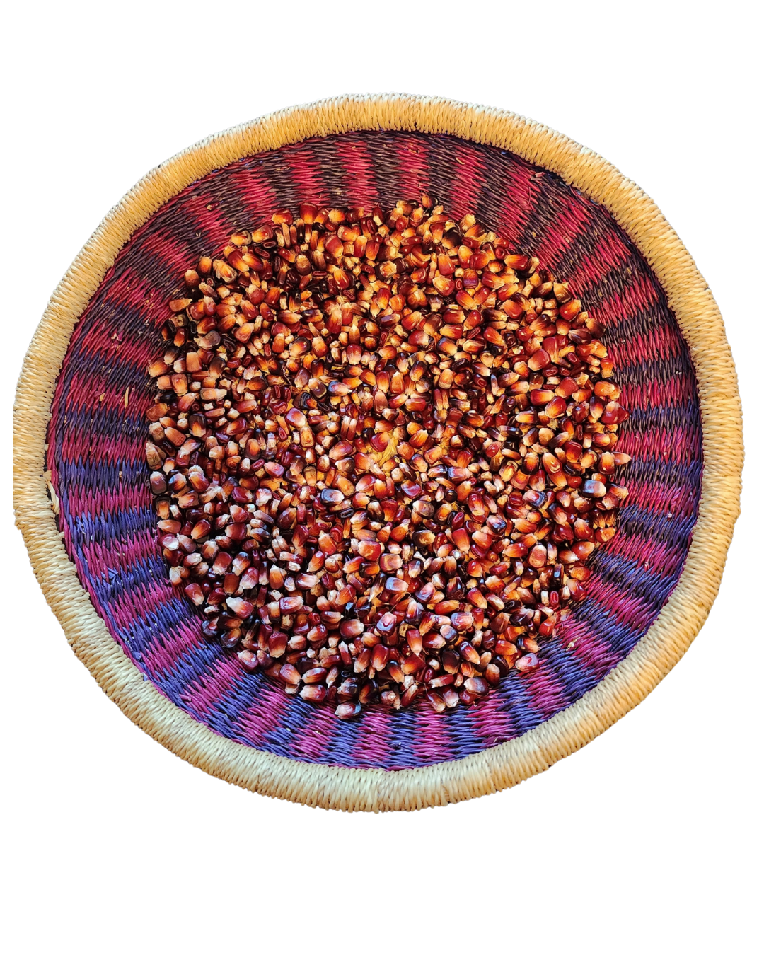 Colorful purple and red woven basket with red and orange maize