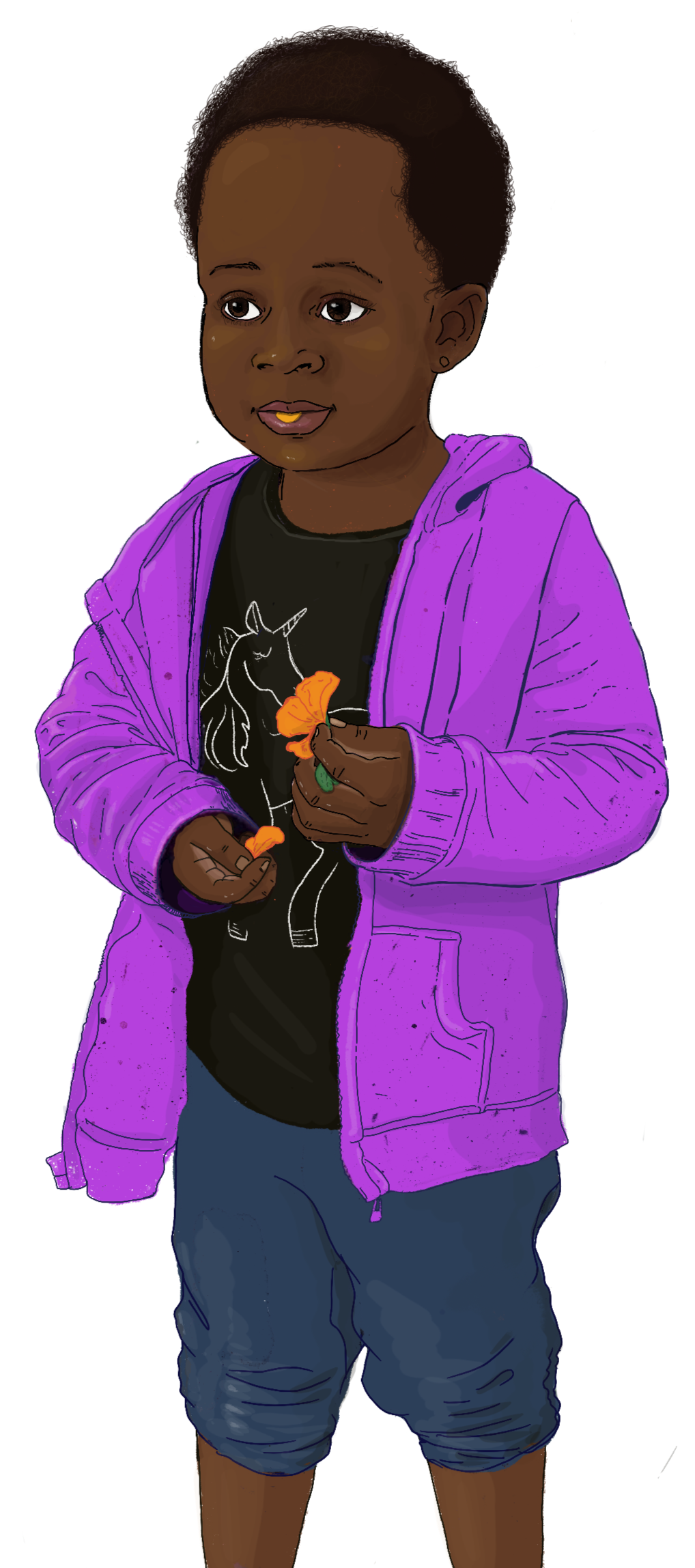 Child in purple sweater eating orange flower petals