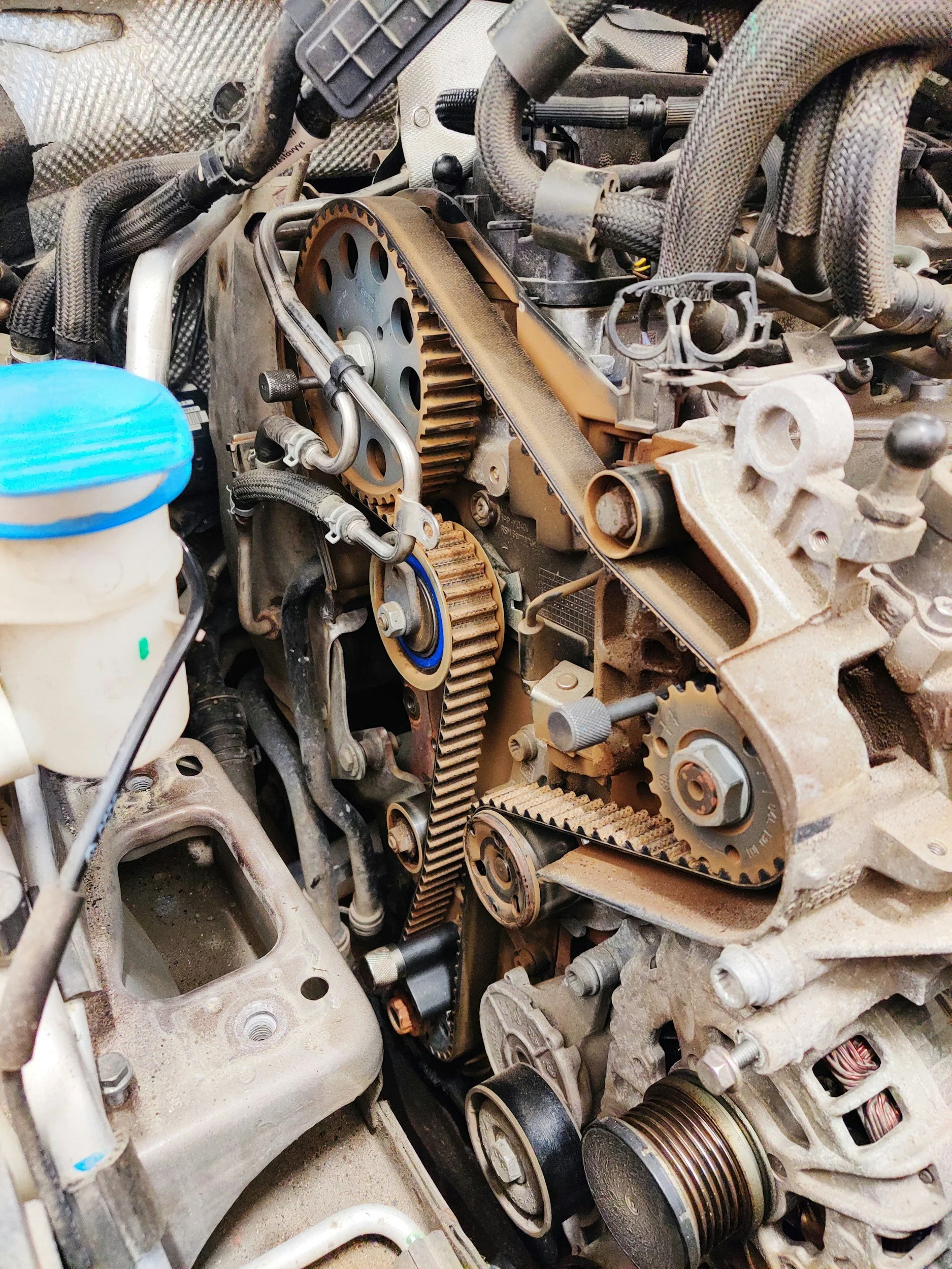 Close-up of a car engine with exposed timing belt and gears.