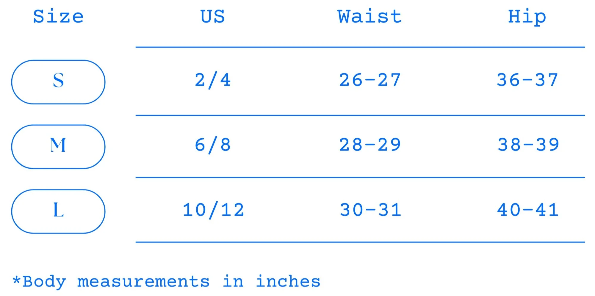 A size chart for clothing showing size options S, M, and L with measurements in US inches for waist and hip, and corresponding body measurements in inches.