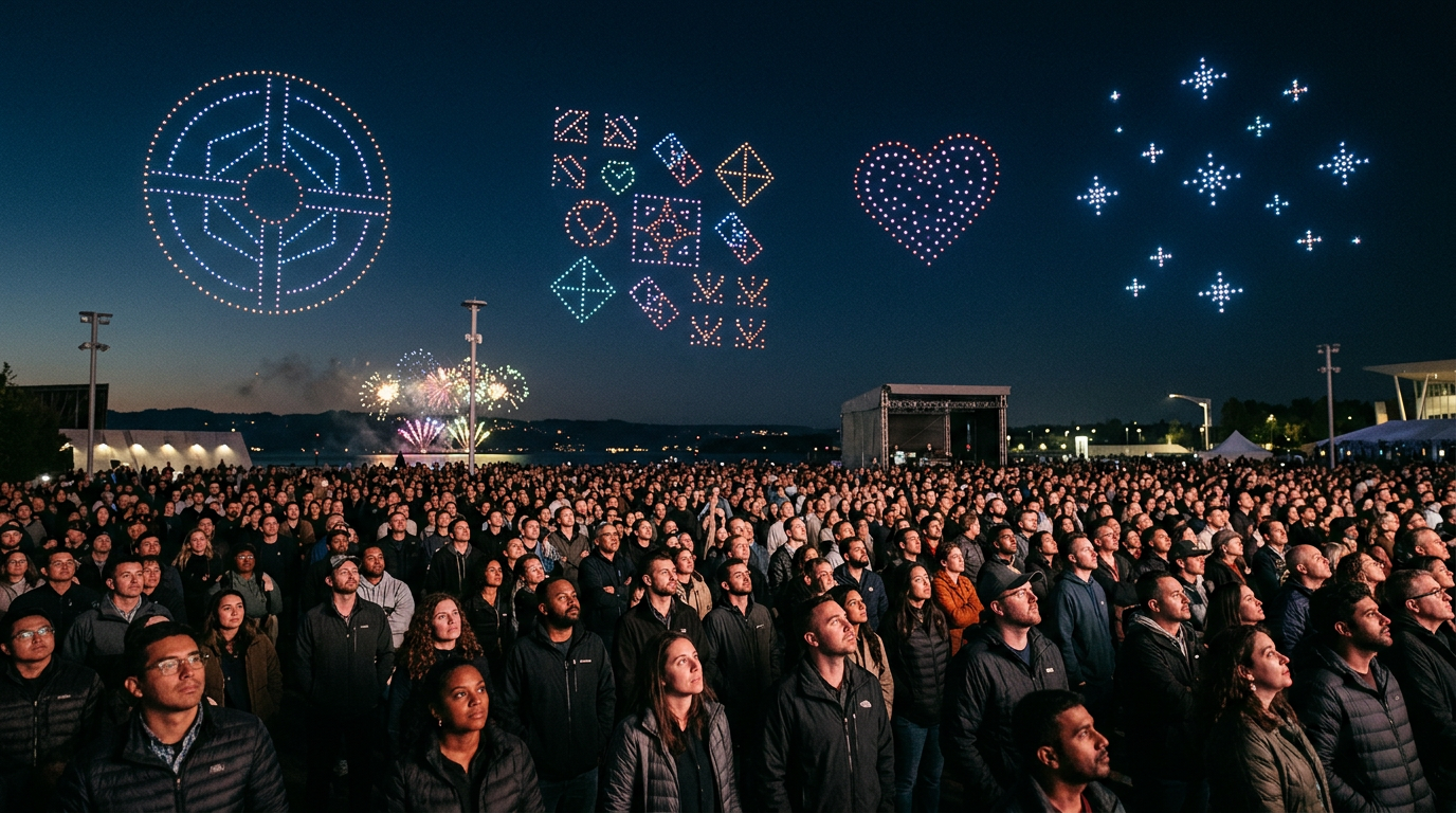 Custom drone show creating shapes and designs compared with fireworks