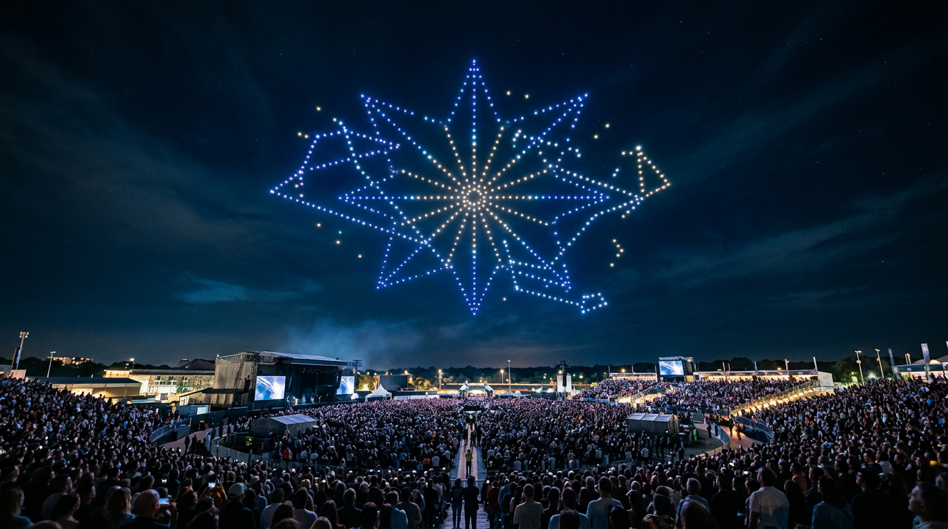 Large custom drone light show finale over an outdoor event